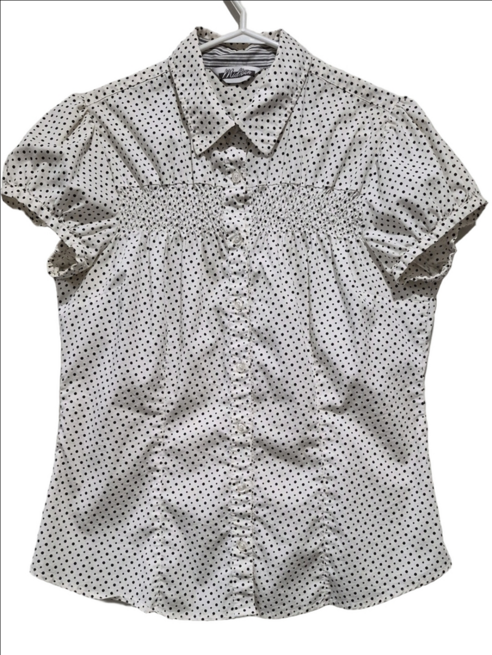 Midtown White Black Polka Dot Button Front Shirt Large